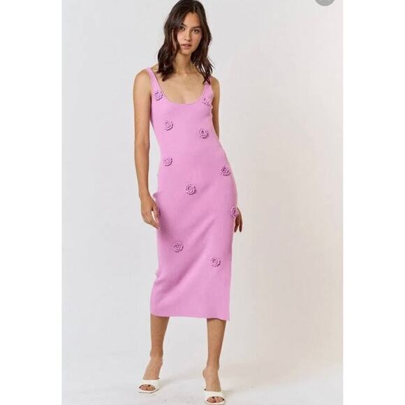 Rosette Ribbed Kit Sweater Midi Dress in Candy Pink - Picture 1 of 13